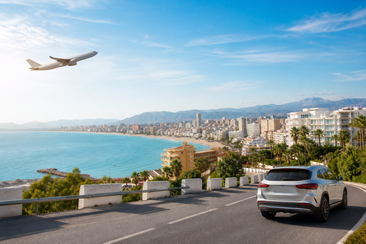 Vista de viaje con ciudad costera, aeropuerto y carretera